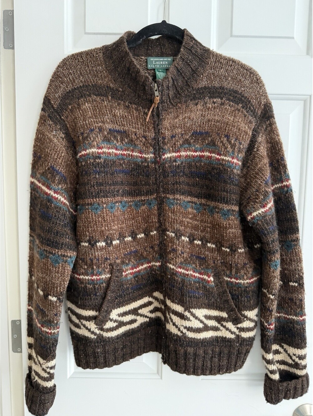 Vintage Lauren Ralph Lauren Hand Knit Wool Alpaca Zip Aztec Fair Isle Sweater L